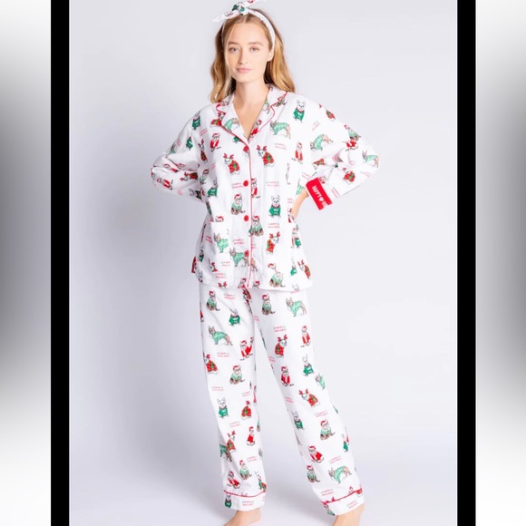 PJ Salvage Other - PJ SALVAGE NWT Christmas flannel button down PJ set w/ pug dogs XL & headband